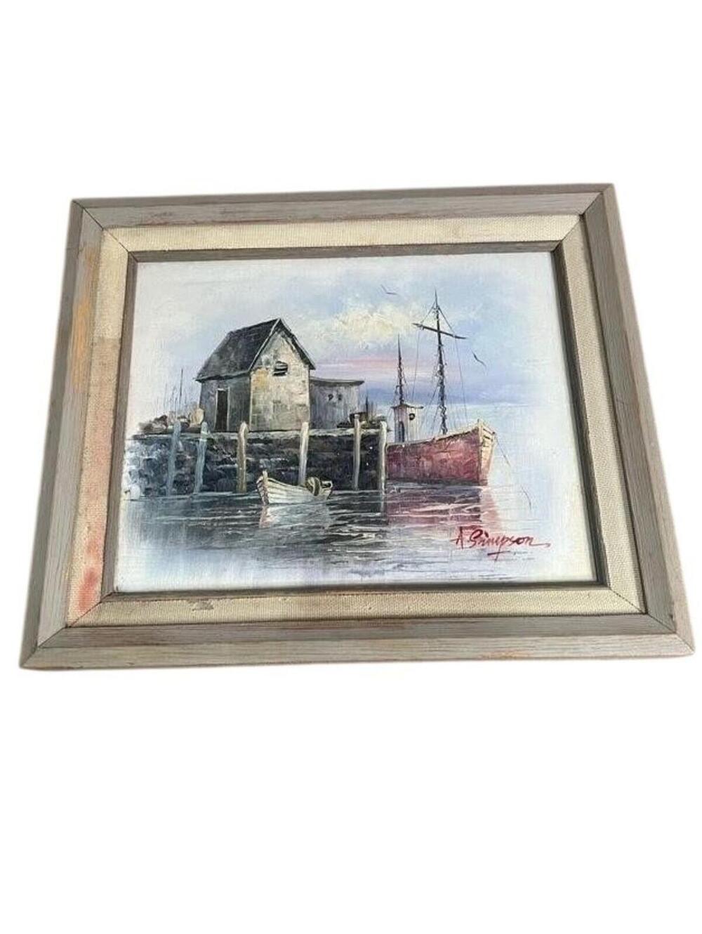 Vintage A Simpson Harbor Boats Oil Painting Mexico Signed Framed 11x13 Seascape